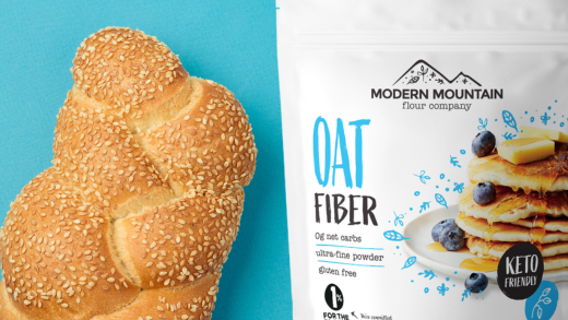 A pouch of oat fiber next to a low-carb loaf of bread