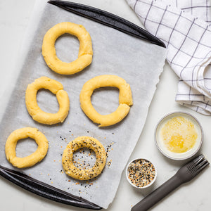 A pan of keto bagels made with Modern Mountain Lupin Flour and Oat Fiber